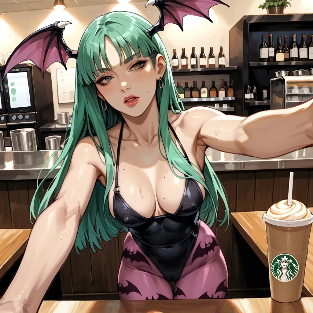 Morrigan Aensland green hair barista sex anal restaurant selfie