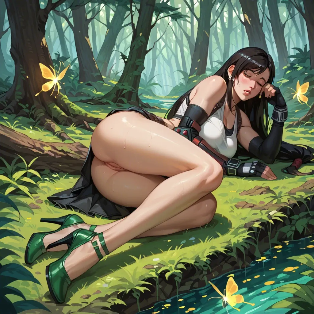 Tifa Lockhart, Sleeping Forest, lush trees, glowing fireflies, green miniskirt, emerald open-toe stilettos, lying on side, elbow propped, hips twisted up, buttocks and legs in foreground, heels bent, hand on thigh, two women in skimpy outfits by campfire, giggling, whispering, night, soft glow, NSFW, pornographic, ultra-detailed, sensual atmosphere 3girls, anal_plug_insertion