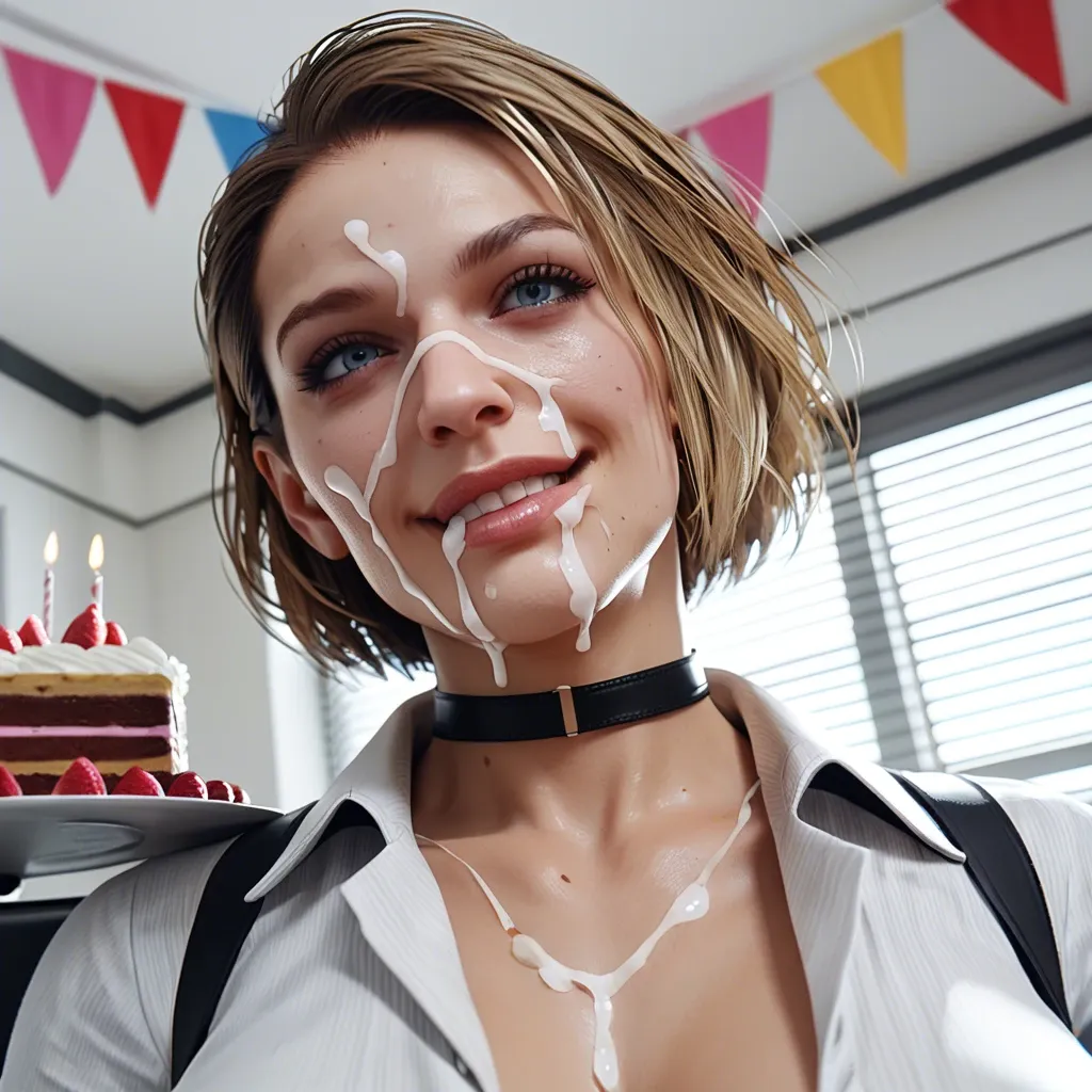 1girl, 3d, jill valentine blonde,taker view,office,jill blonde,fringe cum on face,face close-up,choker,bright face,blowing a candel,big cake,birthday,nipples,big smile