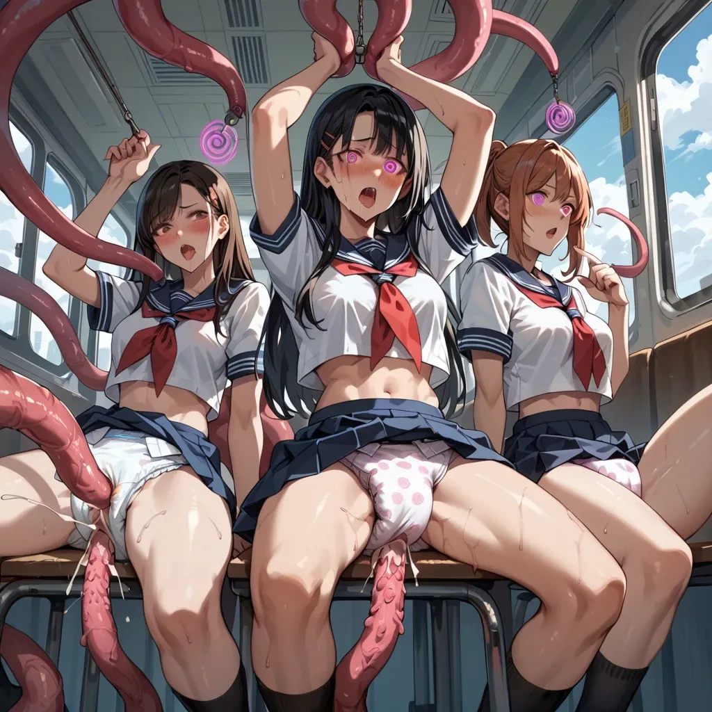 In a diaper, 3 girls anime under hypnosis", "Mind control", "red spiral regression of spermatozoa", "tentacles fucked in school uniforms train