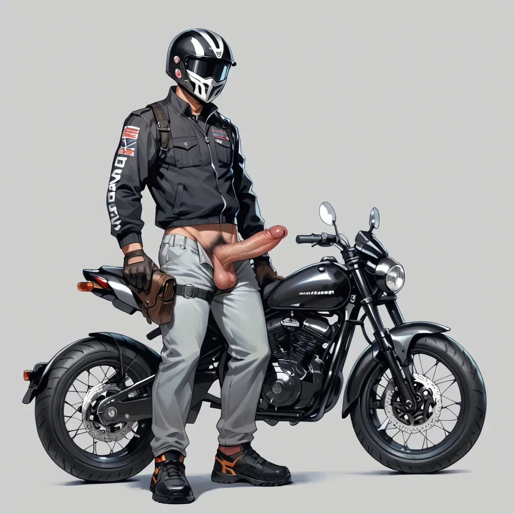 1 boy, motorbike helmet, big dick, dick, cock, balls, penis hair, gloves, pants, standing, detailed, grey background