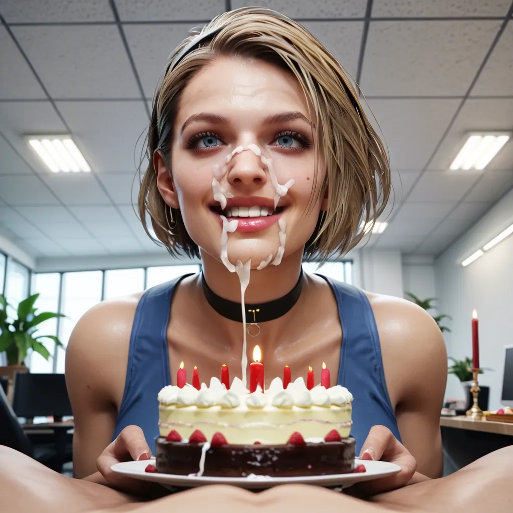 1girl, 3d, jill valentine blonde,taker view,office,jill blonde,fringe cum on face,face close-up,choker,big smile,bright face,Hairband,blowing candel,cake,birthday, penis candle