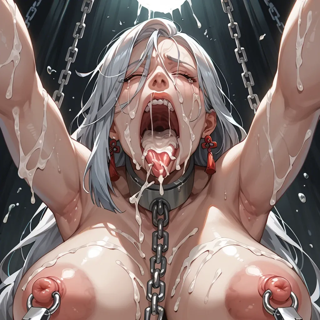 shenhe completely nude,chains close up,pain,arms outstretched,from below,screaming mouth wide, tongue expansion,gigantic Nipplehole extension,penis cum in mouth,closed eyes and crying,huge Nipple clamps, silver Collar,cum covered