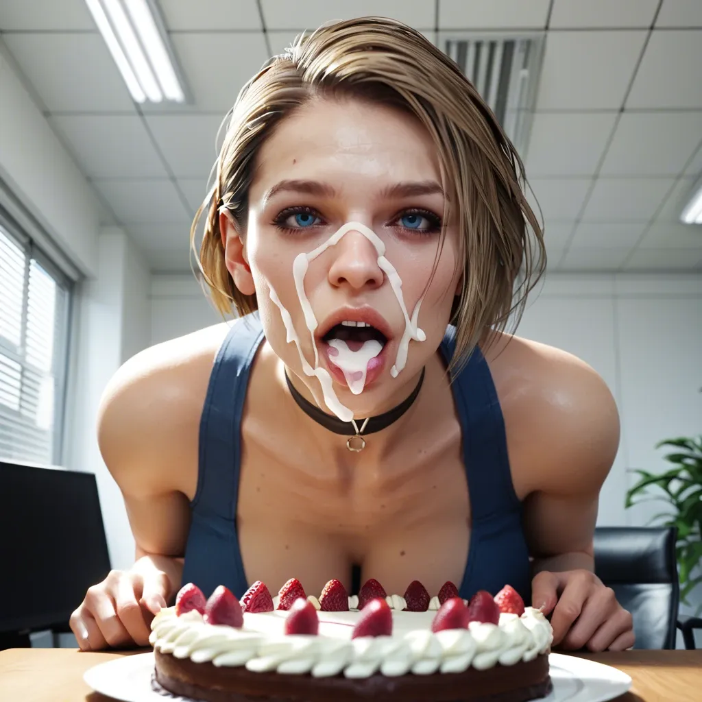 1girl, 3d, jill valentine blonde,taker view,office,jill blonde,fringe cum on face,face close-up,choker,bright face,blowing a candel,breast on cake,birthday,bent over cake,