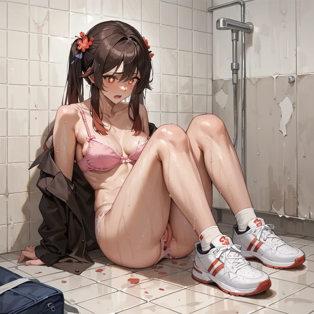 Hu Tao, pink bra and panty, torn bra, exposed breast, anime style, embarrassed, school bathroom, sitting on floor, back against wall, knees up, legs open, torn panties, sneakers, bathroom, sweaty, wet panty, shocked, tearful, wide eyes, extreme wide eyes, legs spread, exposed panty, one exposed breast, naked, after sex,