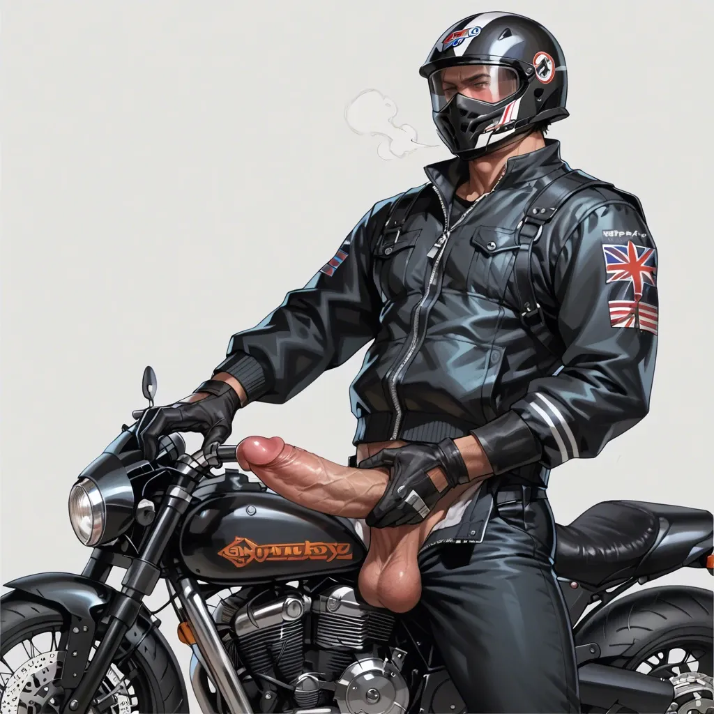 1 boy, motorbike helmet, big dick, dick, cock, balls, penis hair, gloves, pants, grabs dick, standing, detailed, grey background