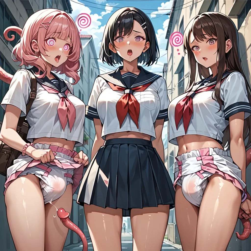 In a diaper,  3 girls from the anime "under hypnosis", "Mind control", "pink spiral regression of spermatozoa", "tentacles fucked in school uniform on the street girl