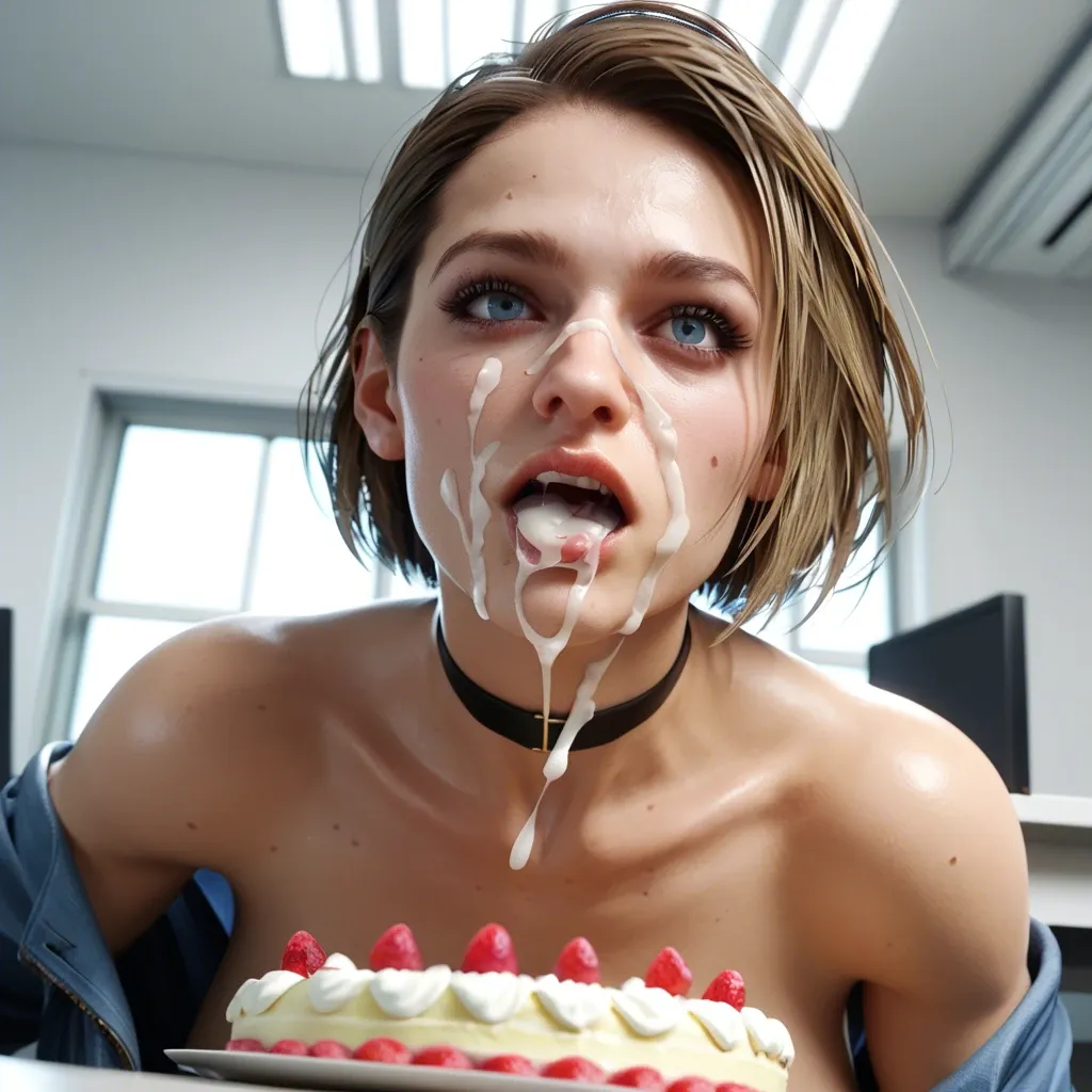 1girl, 3d, jill valentine blonde,taker view,office,jill blonde,fringe cum on face,face close-up,choker,bright face,Hairband,blowing a candel,cake,birthday,nipples