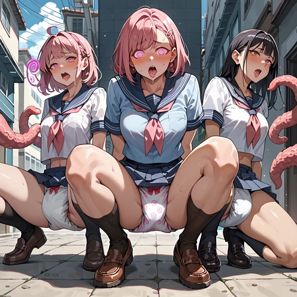 In a diaper,  anime  3 girls under hypnosis", "Mind control", "pink spiral regression of spermatozoa", "tentacles fucked in school uniform on the street