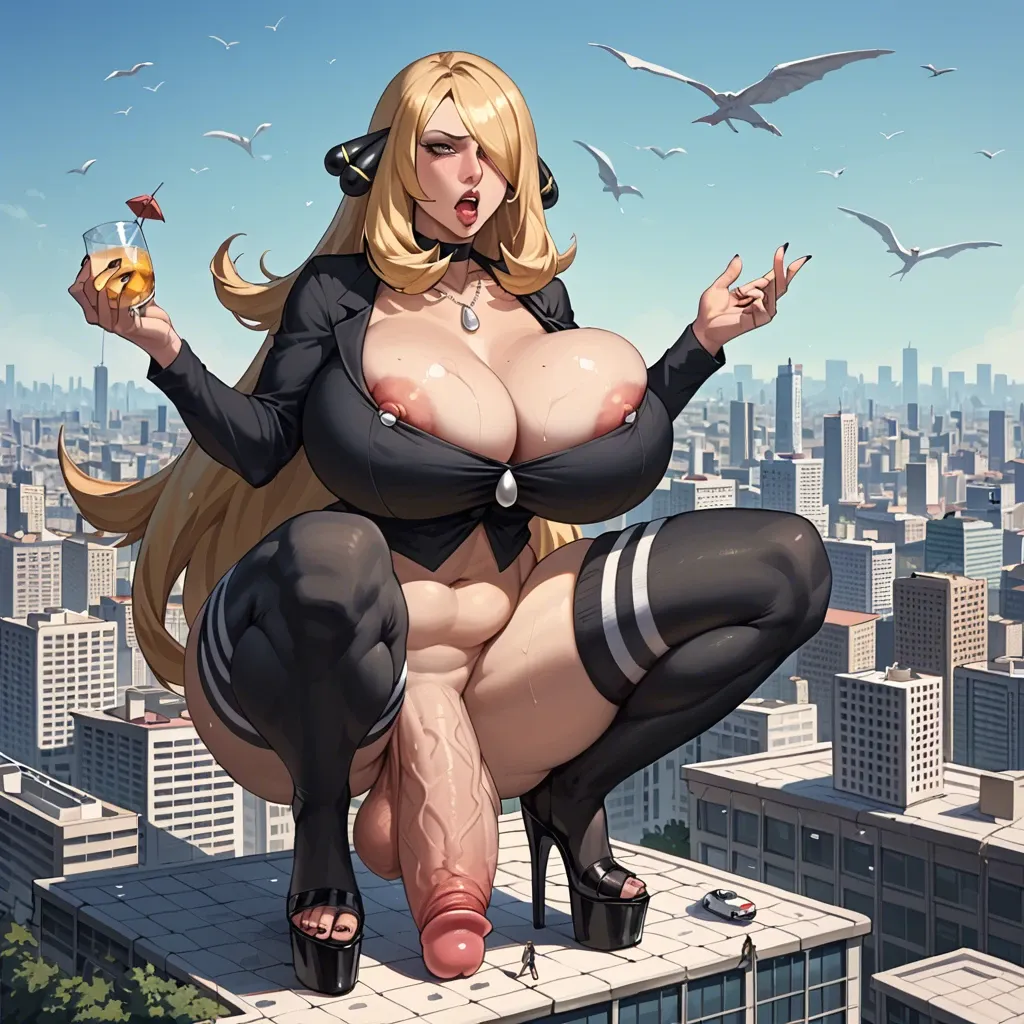 Cynthia Pokemon  , giantess, high platform heels,high  socks, gigantic breats,city,futanari,breast expansion, big penis,, thick thighs, (large_insertion)