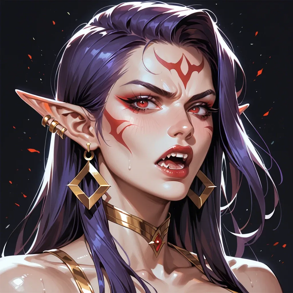 A fierce and determined female dark elf with long, straight purple hair and sharp red eye,She has pale skin with dark elf markings near her eyes, pointed ears adorned with golden earrings, and fangs visible as she shout,Her outfit is a sleek, high collared black bodysuit with golden accents, fitting her warrior like appearance