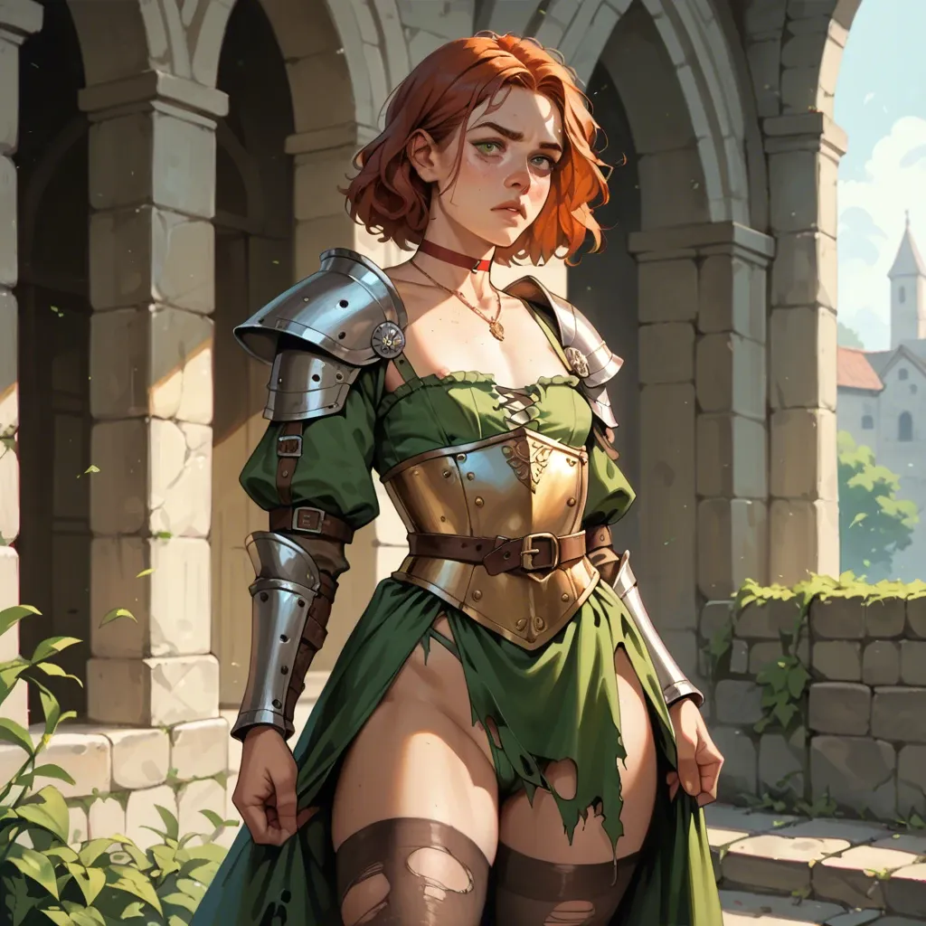 1girl,solo, , , , freckled,armor,flat chest,bent at waist,skin pores, freckle,torn thighhighs,large boob slip,aberration,golden necklace, medieval dress,black stockings,red choker,green swimsuit,shoes, plain t-shirt,sexy stockings,crown,no bra,gothic boots, no pants,leg warmers,strings,black bra,boots, bedroom eyes, ocean, spaceship, candid camera, illustration, bright eyes, mario and luigi, elsa hair