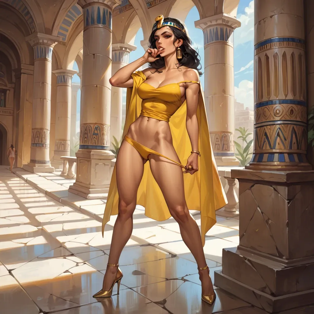 1girl,camisole,perky big tits,respectable,neck, hand in mouth,5 finger,perky boobs,thin waist,off shoulders, yellow tank top,egyptian palace,cape,bikini pull,stiletto heels, wedding dress,garter belt,gold crown,laced bodysuit,platform heels, jean hotpants,tight fishnets,feet tied,one-piece,knee boots, in a kitchen, medieval, anime, bright-lit, 2b,