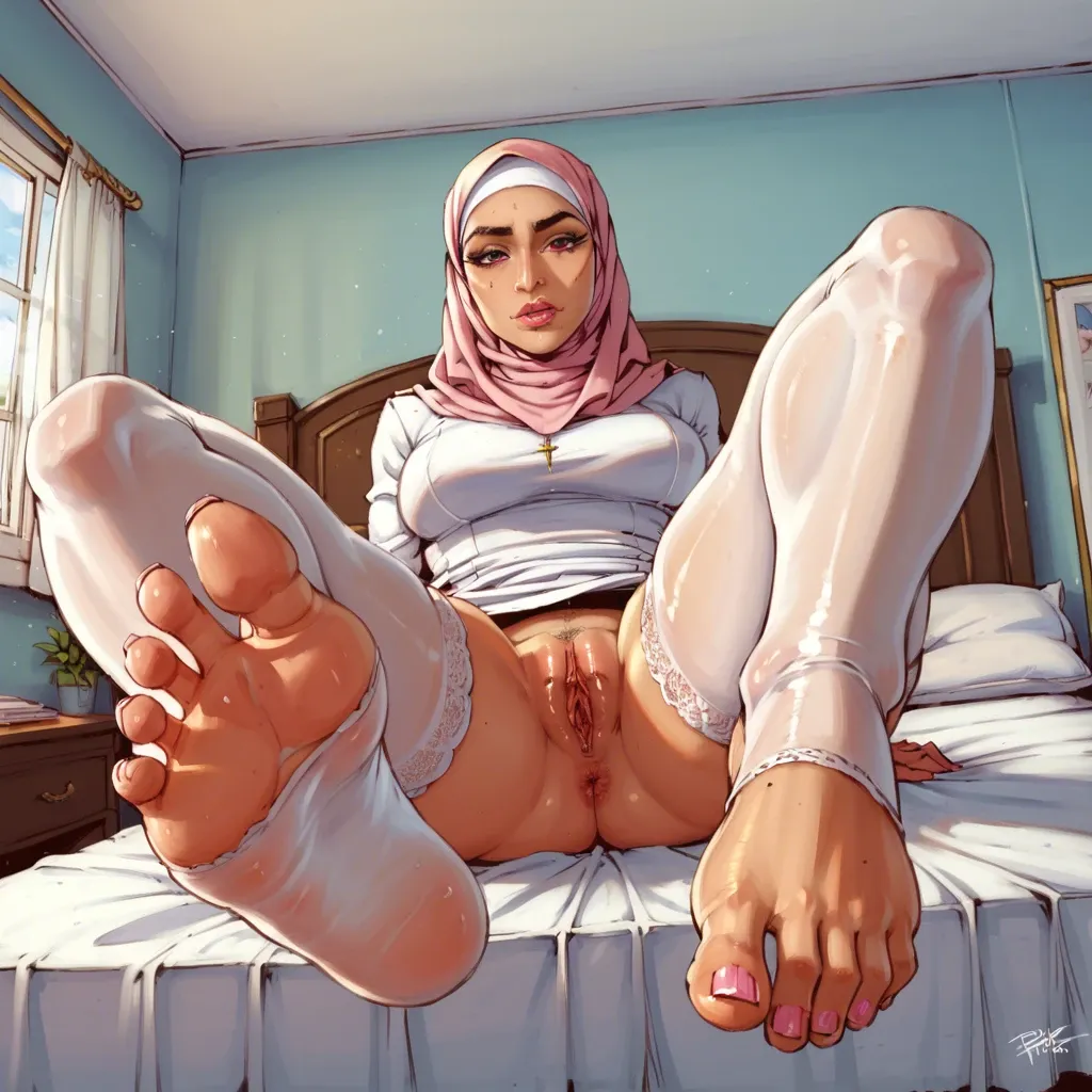 boss,goddes, perfekt face, Beauty,hdr, 8k,ultra high details, thick lashes, bed, low angle, stockings, sitting, pov, feet close up, Stockings feet, Hijab, babe, Algerian trikot,  letters ELIX