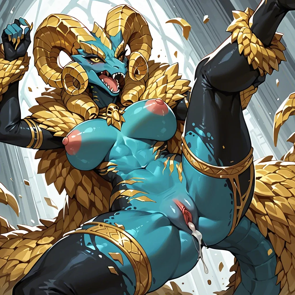 Kulve Taroth, anthro dragon, thick ass, perky nipples, moaning , pussy dripping,