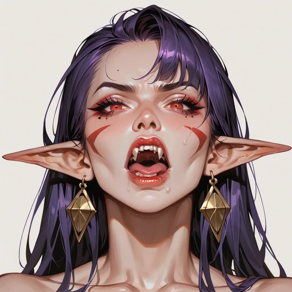 A fierce and determined female dark elf with long, straight purple hair and sharp red eye,She has pale skin with dark elf markings near her eyes, pointed ears adorned with golden earrings, and fangs visible as she shout,Her outfit is a sleek, high collared black bodysuit with golden accents, fitting her warrior like appearance, suck dick