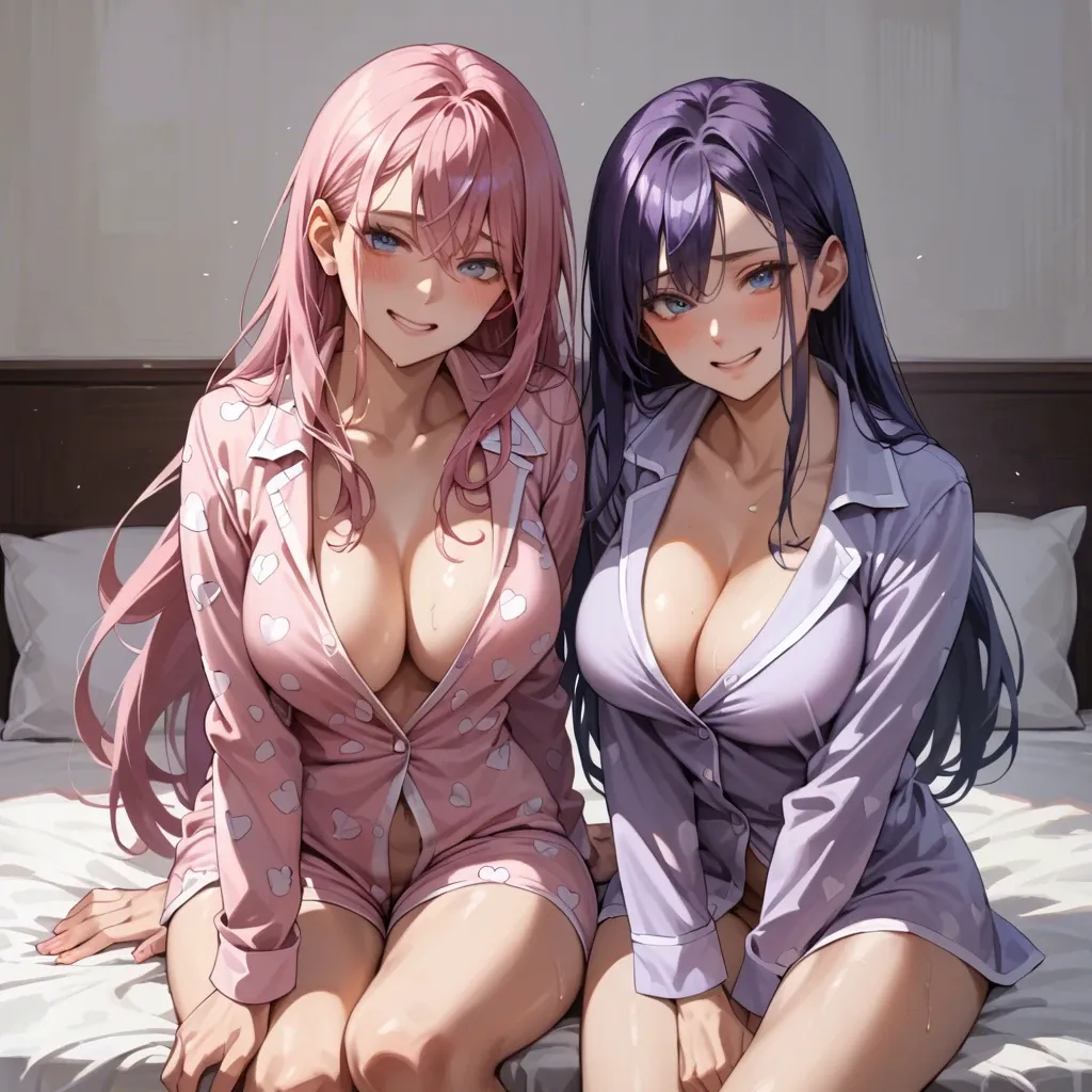 two adult women in purple outfits sitting next to each other on a bed, boobs visible, fucking, 2 girls, cleavage, looking at viewer, blush, blue eyes, purple hair, long hair, pink hair, pajamas, smile