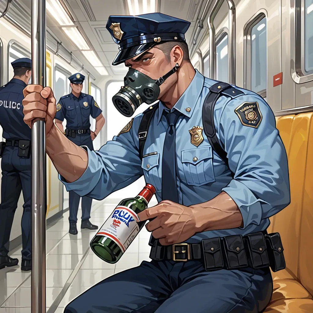 In the subway, near the hermetic door, police officers force a man in a gas mask holding an adjustable wrench to sit on a bottle