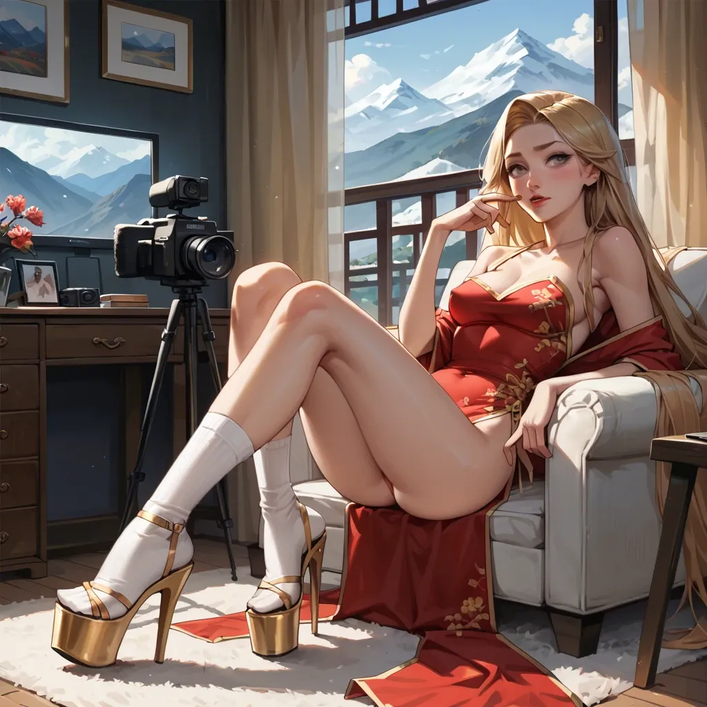 2girl, , , , spread cheeks,slim ankles,firm breasts,clenched waist,off shoulder, china dress,white socks,gold jewelry,sexy red bikini,platform heels, living room, mountains, close camera, anime, dark, rapunzel, hinata hyuuga