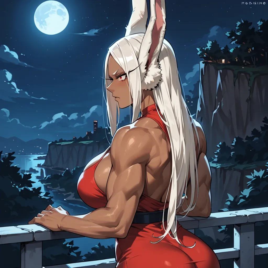 Miruko (my hero academia), red dress, upper body, massive breast and ass, full clothing, enjoy, comic, night, edge of cliff, moon