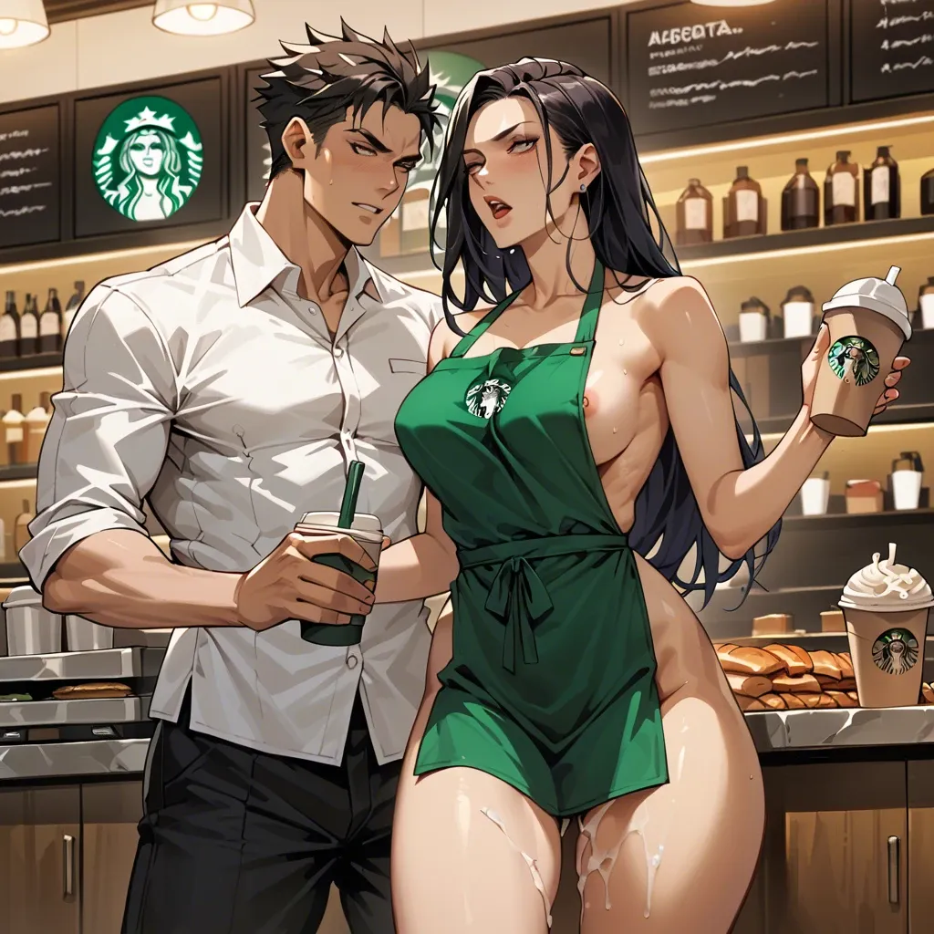 Deku (Boku No Hero Artstyle), 1boy, starbucks, naked, starbucks apron, Cum, larga waist, thigh legs