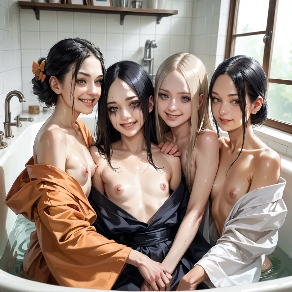 Maka albarn,3girls,realistic face,flat chest,oshi no ko,petite body,Abigail Williams,shiny skin,cute smile,realistic, hug,ruined makeup,skinny,futa precum,bathtub,Open kimono