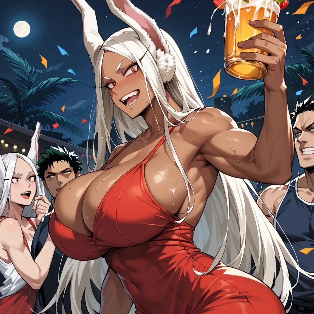 Miruko (my hero academia), red dress, upper body, massive breast and ass, full clothing, enjoy, comic, night, party