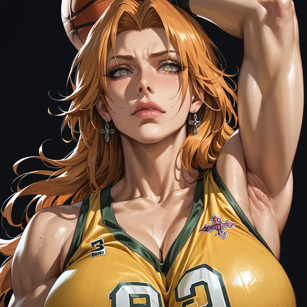 Rangiku matsumoto (bleach), yellow basketball jersey, massive breast, seductive face, brilliant eyes, upper body, detailed face, black background, do not show hands, abs, High definition