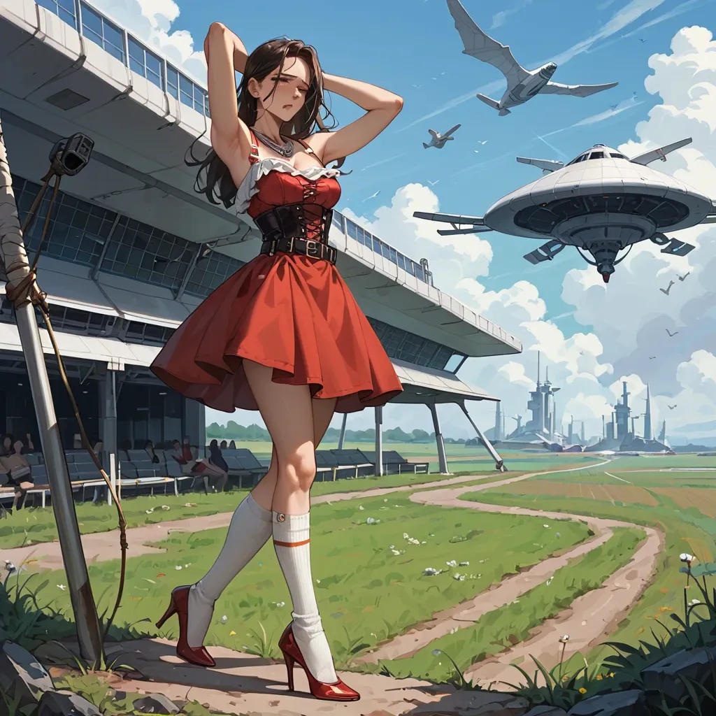 1girl,solo, , , , group watching,clean armpit,big boobs,from waist up,anchor necklace, shirt pull,baggy socks,suspender belt,red corset,stiletto heels, embarrassed, field, spaceship, phone screen, linked collars, ayanami