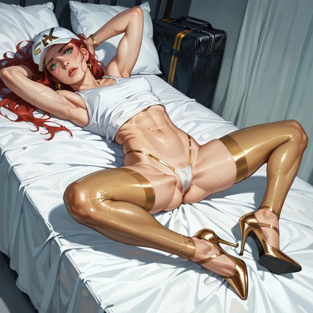 1girl,solo, , , , aqua eyes,footwear,flat chest,medium breasts,broad shoulders, white tank top,gold stockings,cap,low rise thong,heels, school, cyberpunk, laying on a bed, ariel waifu