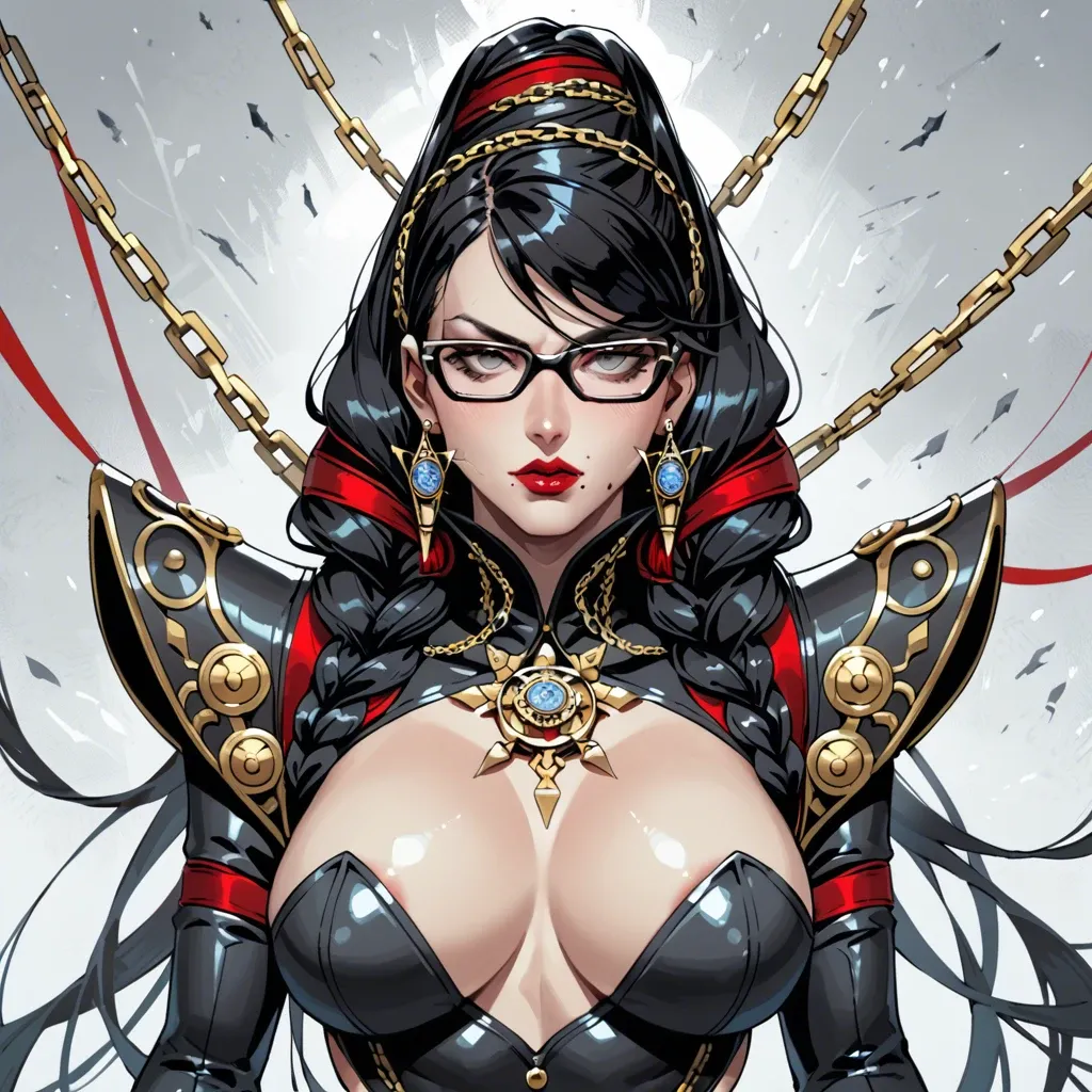 The female character Bayonetta from the game Bayonetta, canonical clothes, original image, black hair, glasses on her eyes, gray eyes and a mole on her chin, a beehive hairstyle decorated with gold chains and two red ribbons. The outfit consists of a black skin-tight bodysuit with gold patterns. Bare chest, ahegao face, big breasts. White gloves with red palms, black high-heeled shoes and gold earrings. Pussy fuck, wet pussy, tight pussy. In the church