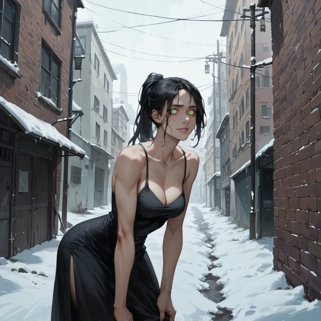 Woman, tall, pale, thin, black dress, staring, smiling, black hair, ponytail, glowing turquoise eyes, dark alleyway, snow, creepy