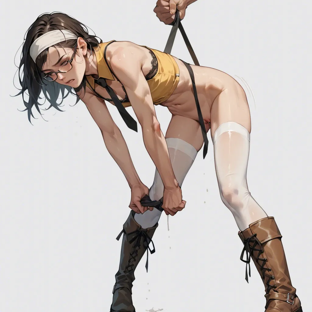 1girl,1boy, , , , twitching,legs tied,flat chest,fit belly,necktie, yellow tank top,black lace bra,headband,no panties,knee boots, dressed,white stockings,glasses,thongs,brown boots, white shirt,stockings,capelet,cotton panties,thigh boots, bedroom, new york city, cyberpunk, hyper-detailed, darkness, princess zelda, waifu