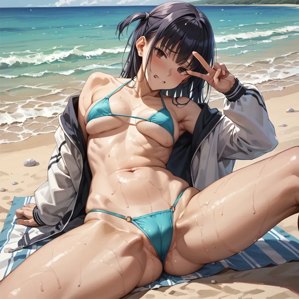 Hinata Hyuga wearing mikro bikini and doing peace sign on the beach