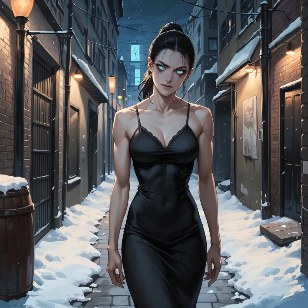 Woman, tall, pale, thin, black dress, staring, head tilt, smiling, black hair, ponytail, glowing turquoise eyes, alleyway, night, snow, creepy