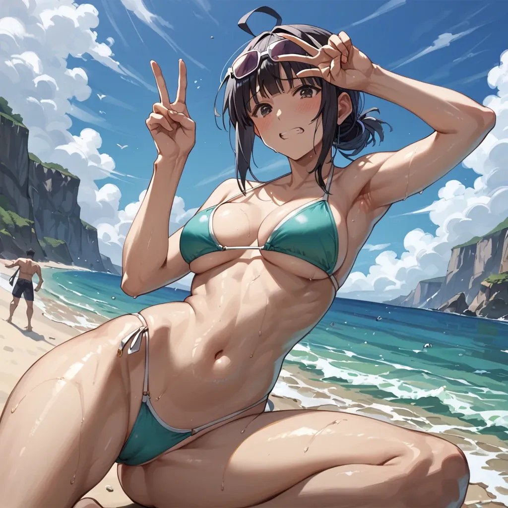 Hinata wearing mikro bikini and doing peace sign on the beach