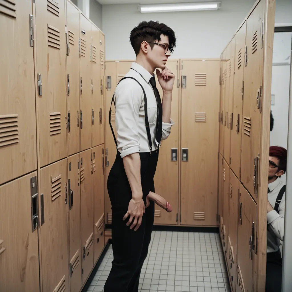 1boy,3d,freckles,tie,suspenders,socks,pixie cut,albino,glasses,brunette,emo,skinny,locker room,watching, unaware,voyeur,teacher,hung male,hanging penis,hiding behind wall,showering, spying