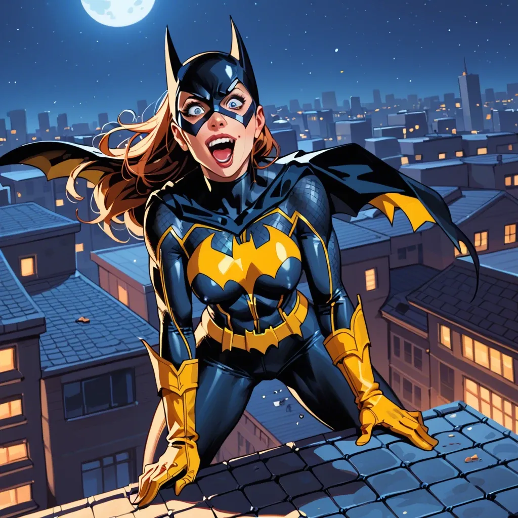 Batgirl, rooftop setting, night, excited, throatfuck