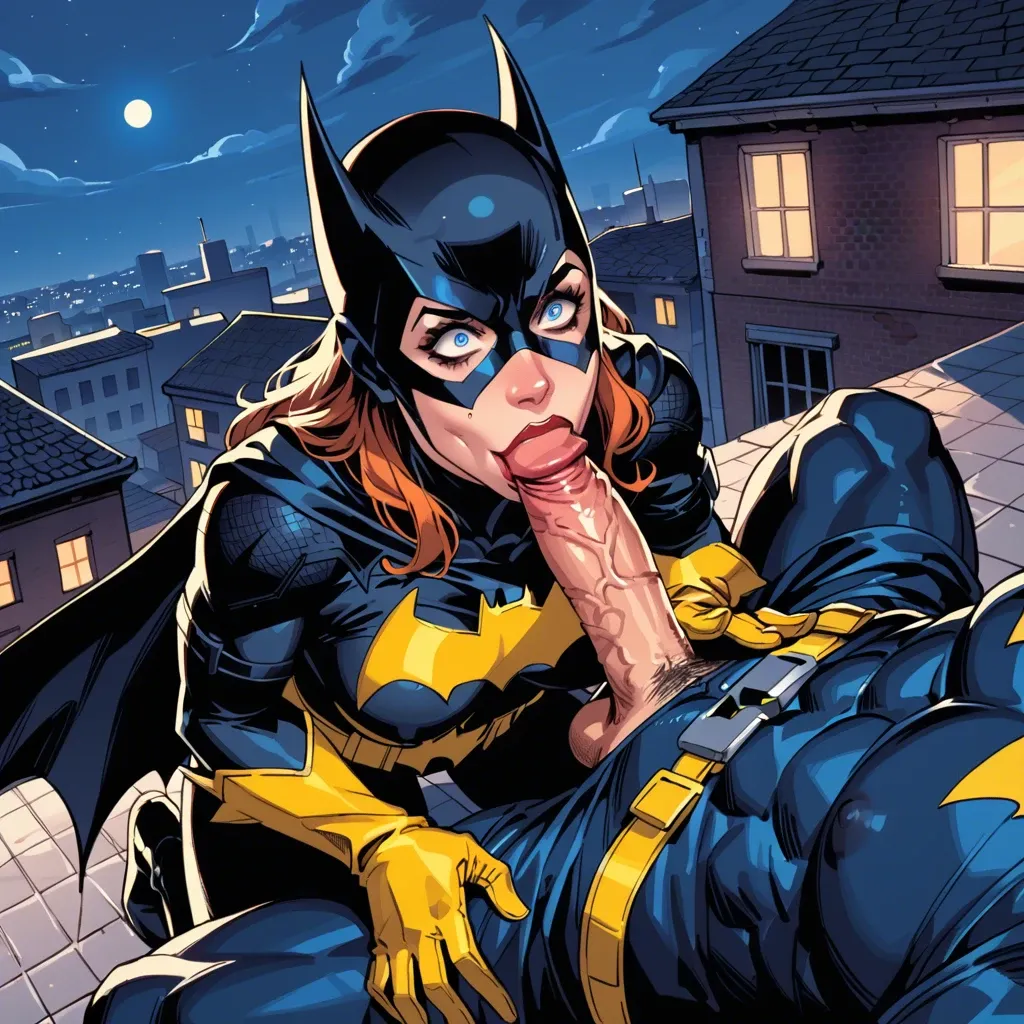 Batgirl, rooftop setting, night, excited, blowjob