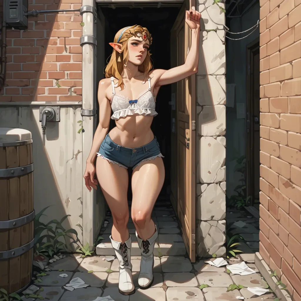 1girl,solo, , , , watching,five fingers,flat chest,very large hips,thin knees, hotpants,white lace,opaque glasses,frilled bra,white boots, bathroom stall, alley, medieval prison, candid camera, zelda, spider-gwen