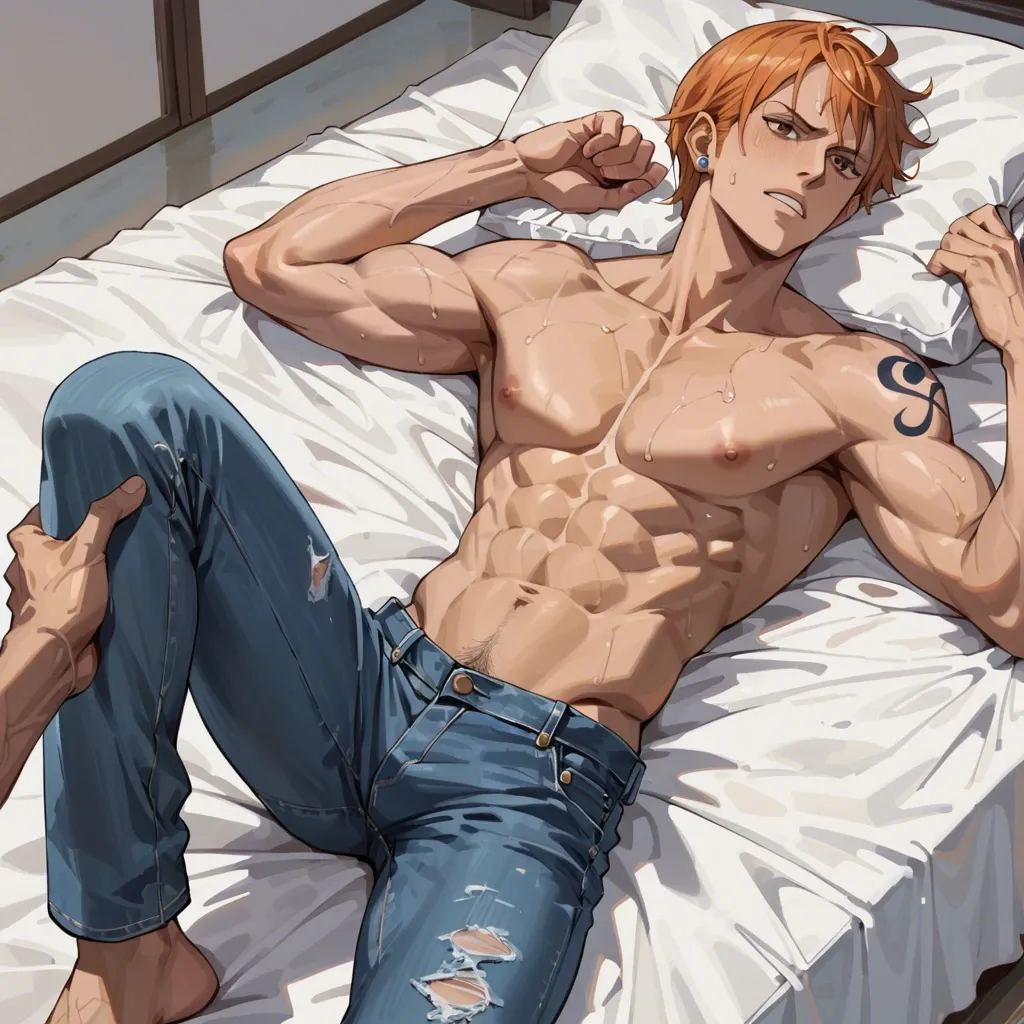 nami one piece, normal bikini, jeans pants,  massage back black man shirtless lying