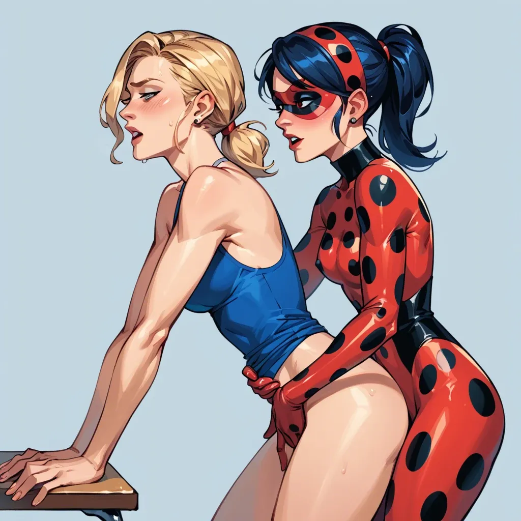 Marinette dupain-cheng from miraculous ladybug, dark-blue-hair, Chloe bourgeois from miraculous ladybug, blonde, ponytail, lesbian sex, fingering, 2girls, standing