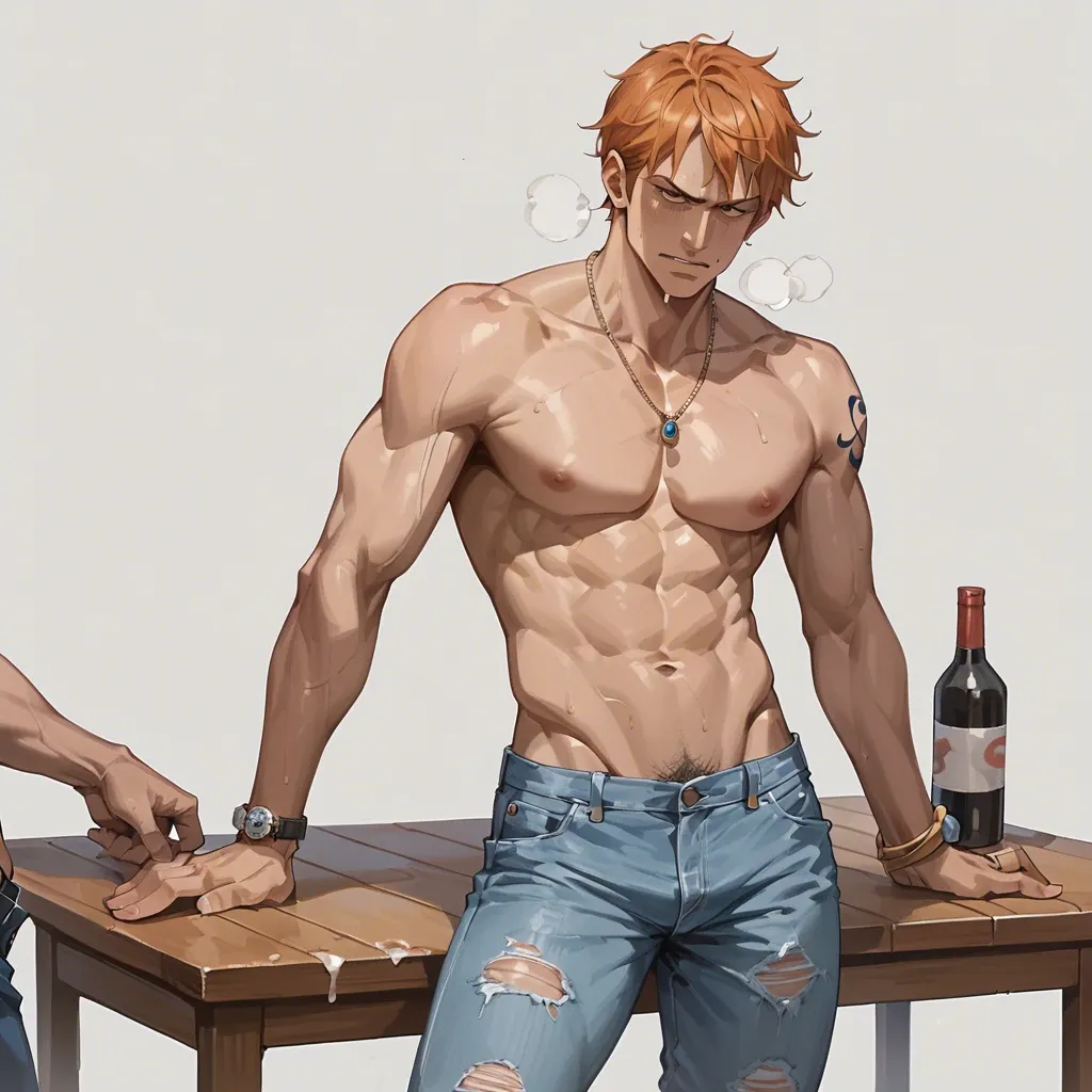 nami one piece, normal bikini, jeans pants,  standing at a table side, massaging a shirtless man back