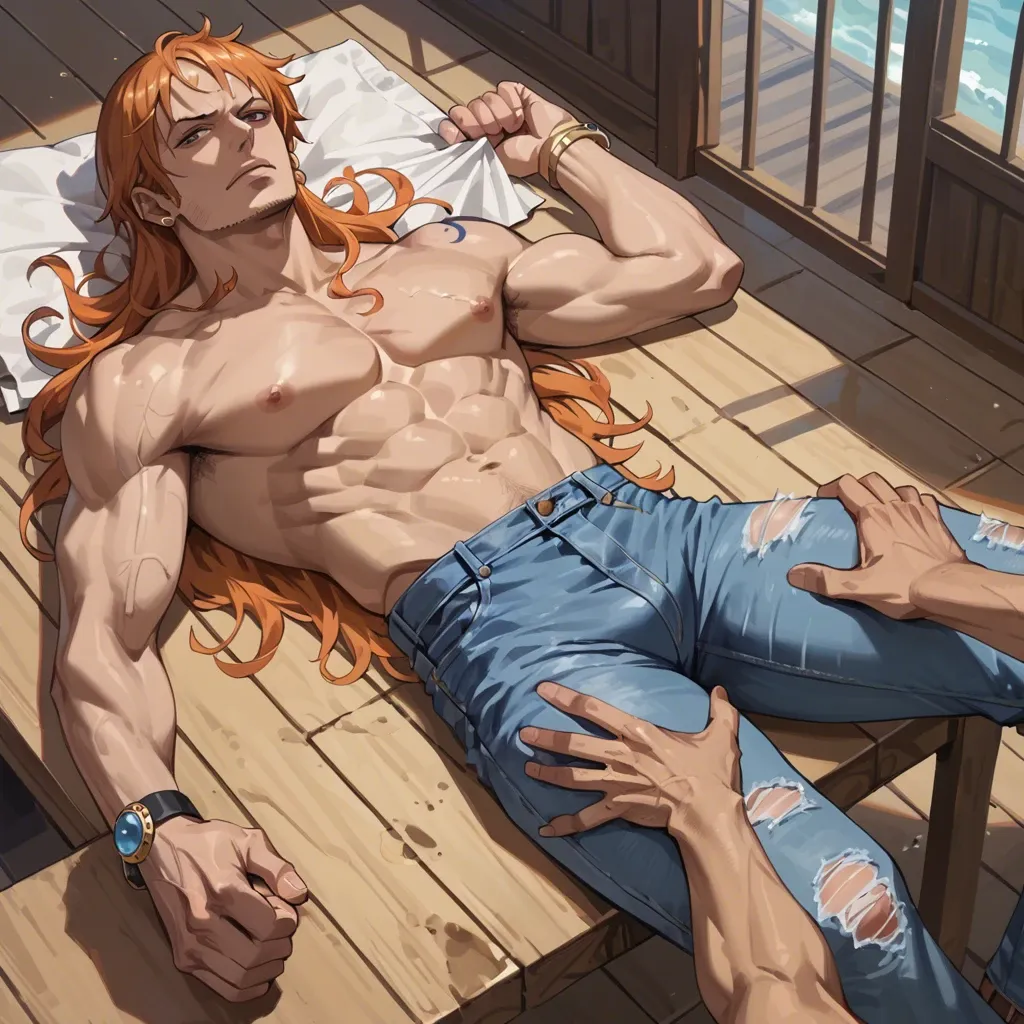 nami one piece, normal bikini, jeans pants,  standing at a table side, massaging a shirtless man lying on your back