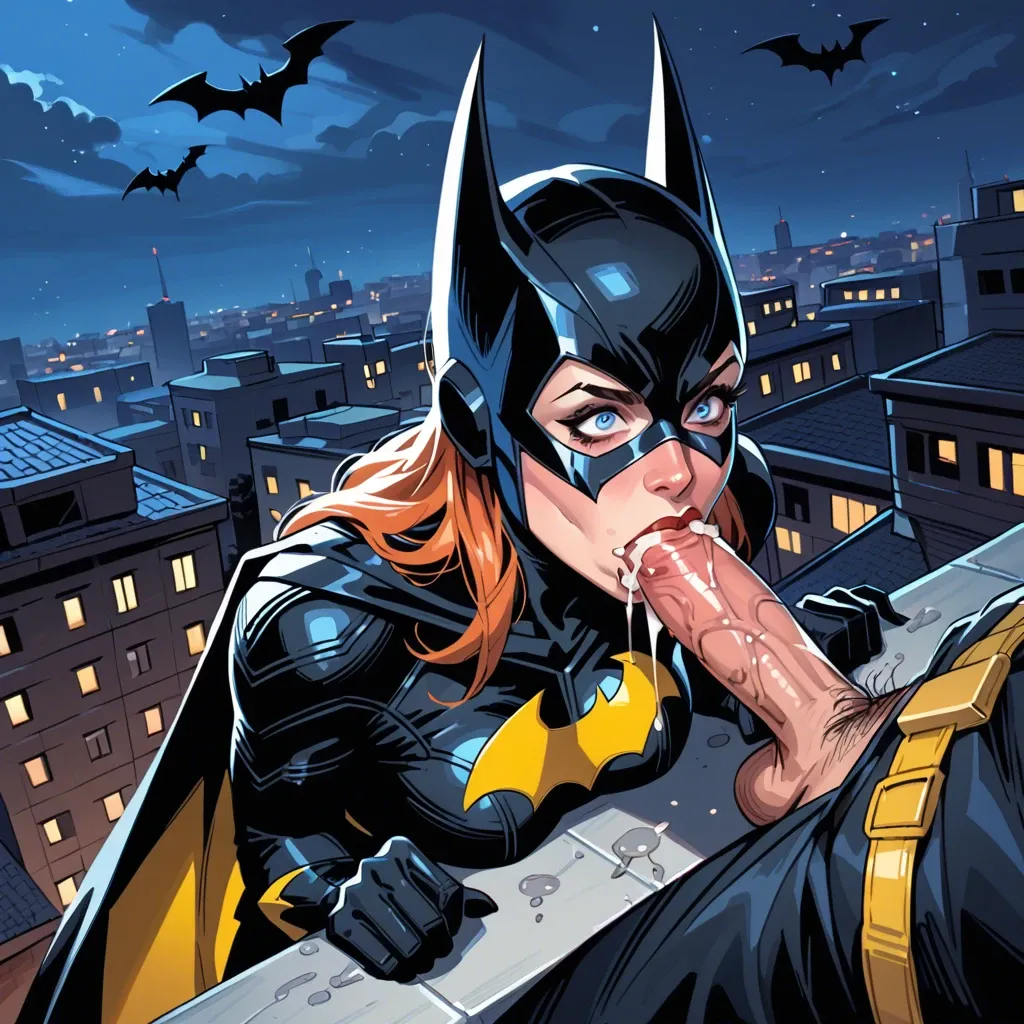 Batgirl, rooftop setting, night, excited, blowjob, cum in mouth