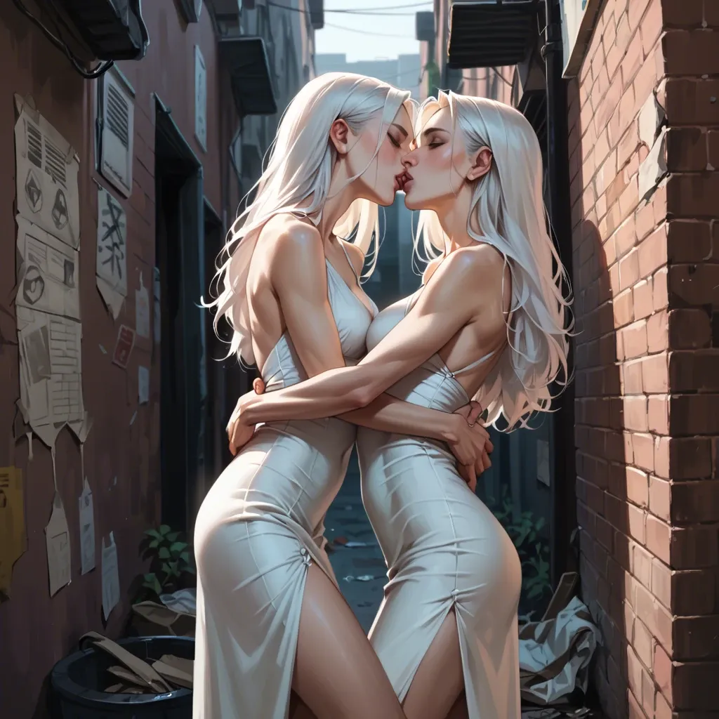 Realistic realistic, 2 girls, twins, slim, skinny, white hair, long hair, dress, hugging, kissing, alley,