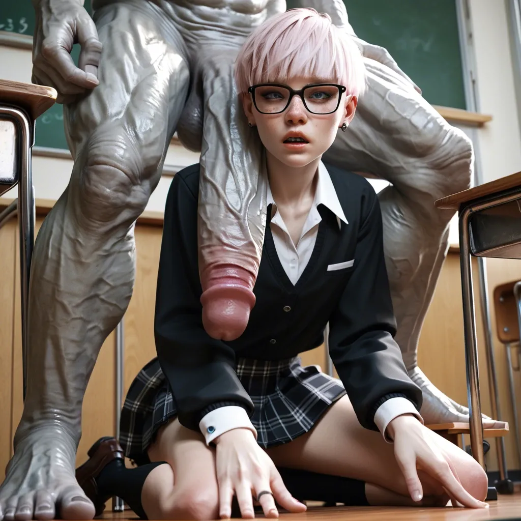 1boy,3d,schoolboy outfit,albino pink paled,blue eyes,glasses,freckles,pixie cut,ash blonde,emo,on knees,skinny,flat chest,classroom,taker view,close-up,tyrant,huge penis,size difference,penis on face,