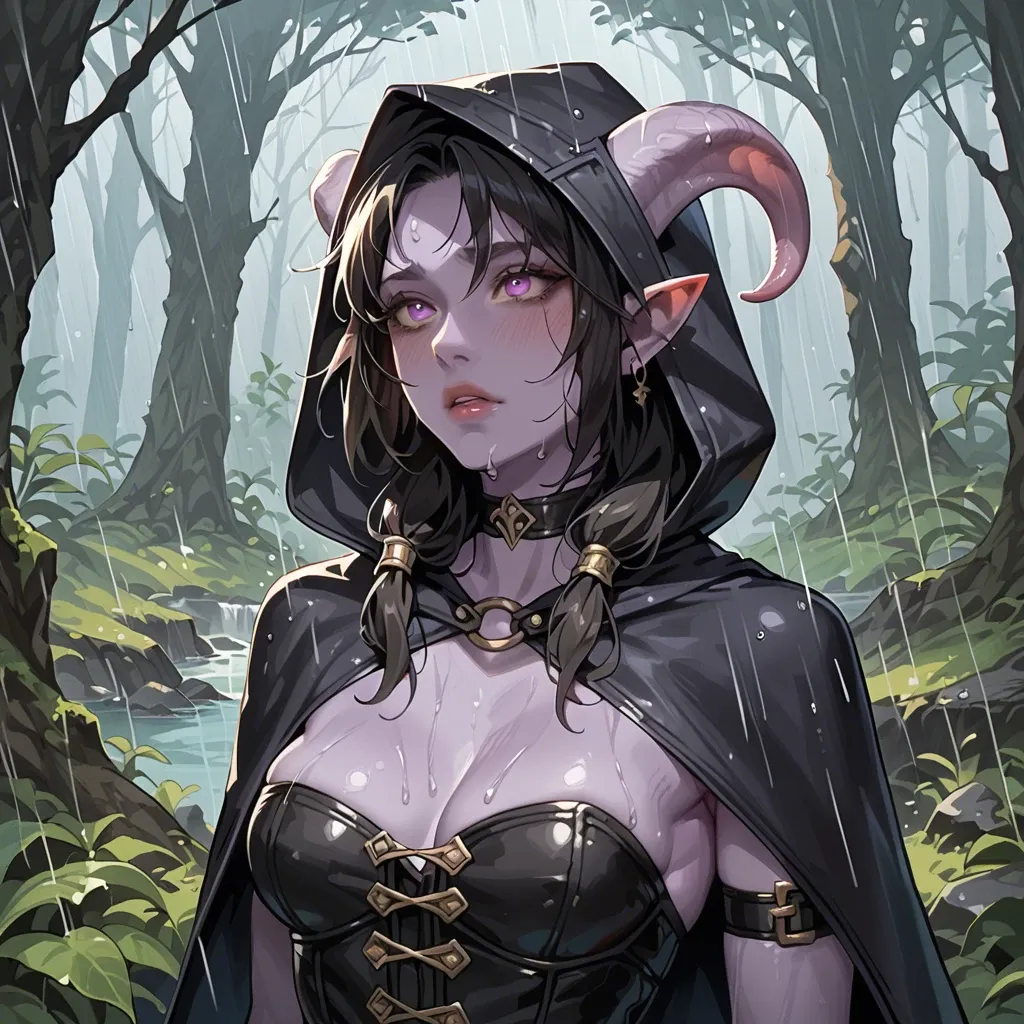 young cute tiefling girl, 3/4 view, purple skin, skinny body with big tits, black medium hair, black fantasy outfut, cape, choker, lowered hood, tight corset, lether bands, dark fantasy forest, raining