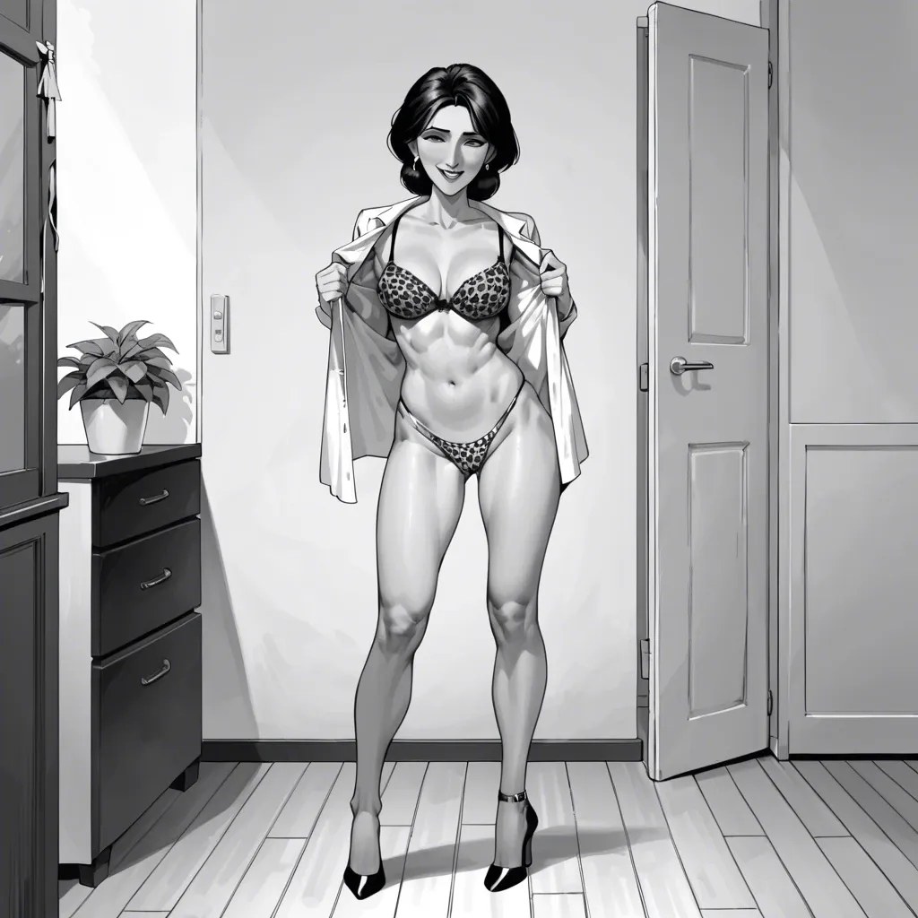 Big hero, aunt cass, manga style, black and white,  leopard thong, bra  ,  undressing, heels, smile