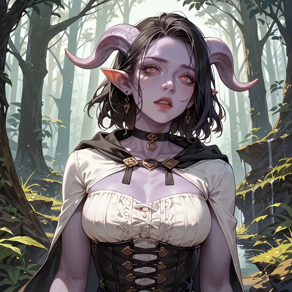 young cute tiefling girl, 3/4 view to the waist, purple skin, skinny body with big tits, black medium hair, black fantasy outfut, cape, choker, lowered hood, tight corset, white shirt, lether bands, dark fantasy forest, raining, bright eyes,